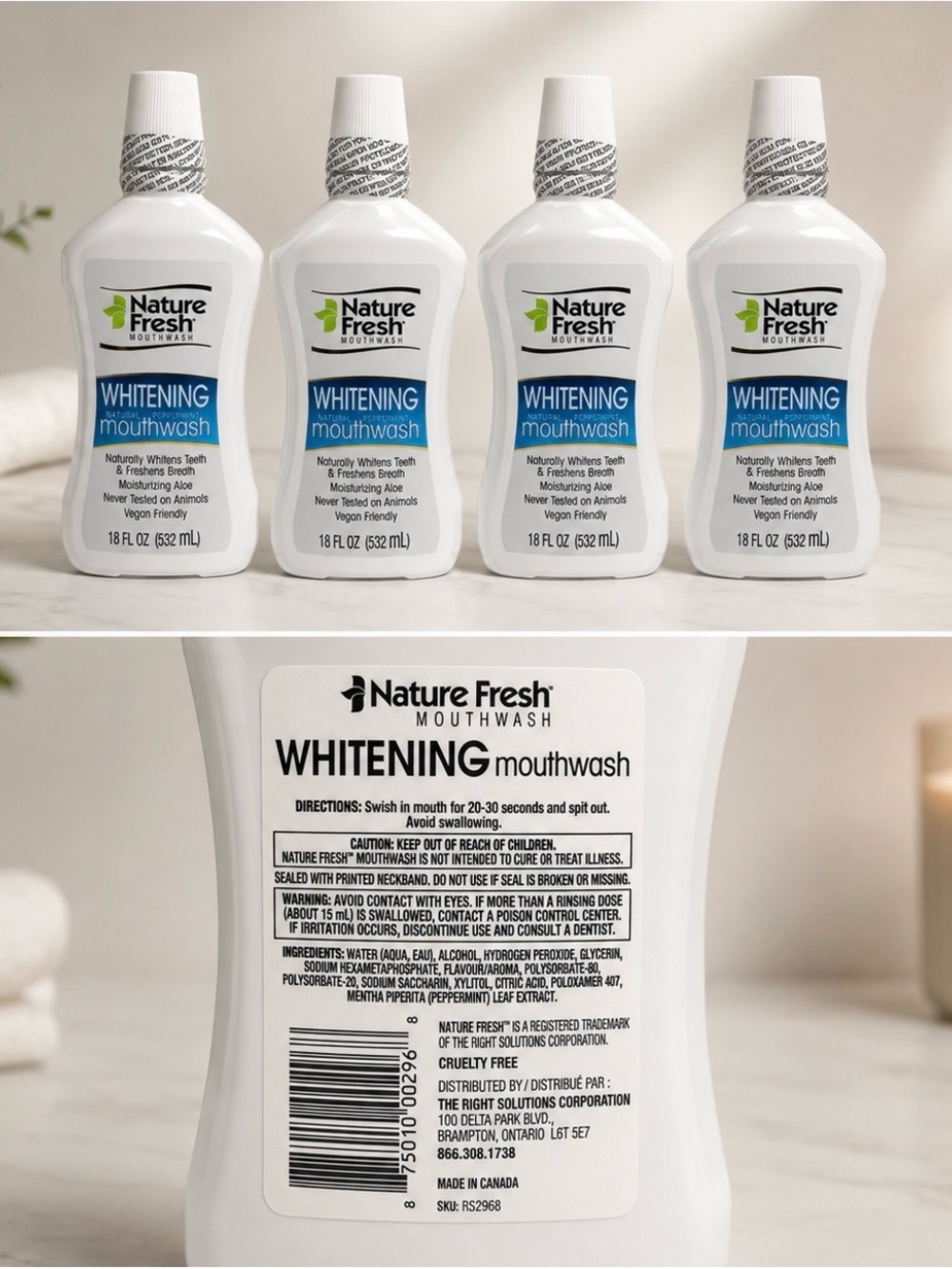 NatureFresh Whitening Natural Peppermint Mouthwash 18oz each Sealed 4 Bottles.